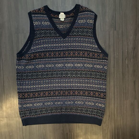 LL Bean Sweater Vest Blue Pattern Men’s Size Large Tall Eclectic Grandpa - Picture 1 of 7